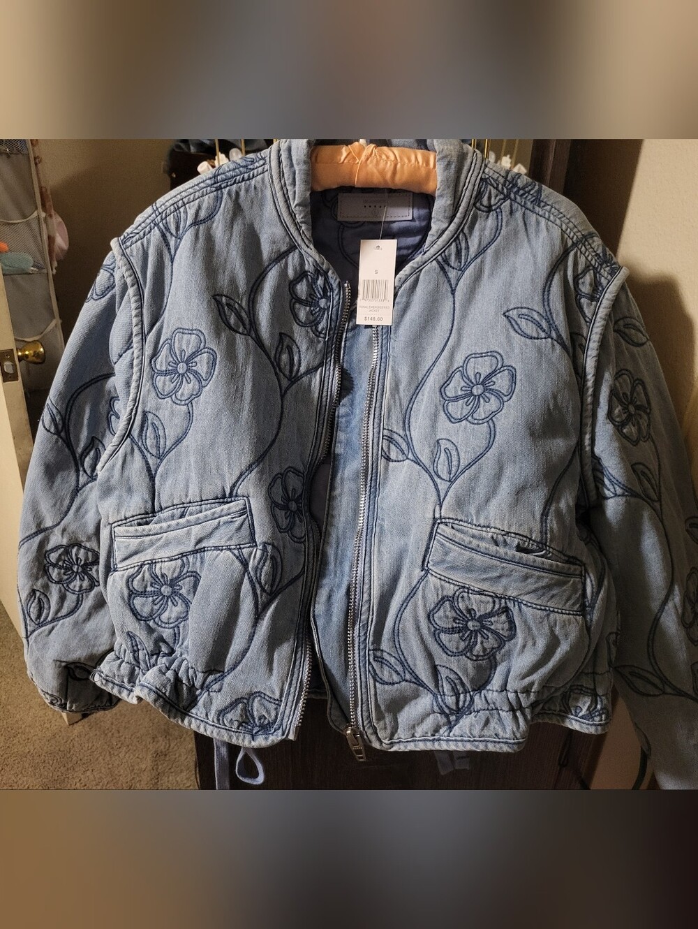 Blank NYC Light Blue Floral Embroidered Denim Bomber Jacket